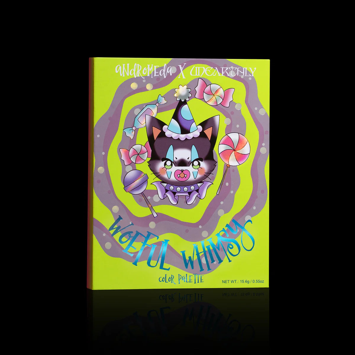 Woeful Whimsy palette by Unearthly Cosmetics - closed neon green box with Andromeda x Unearthly carnival cat artwork on black background
