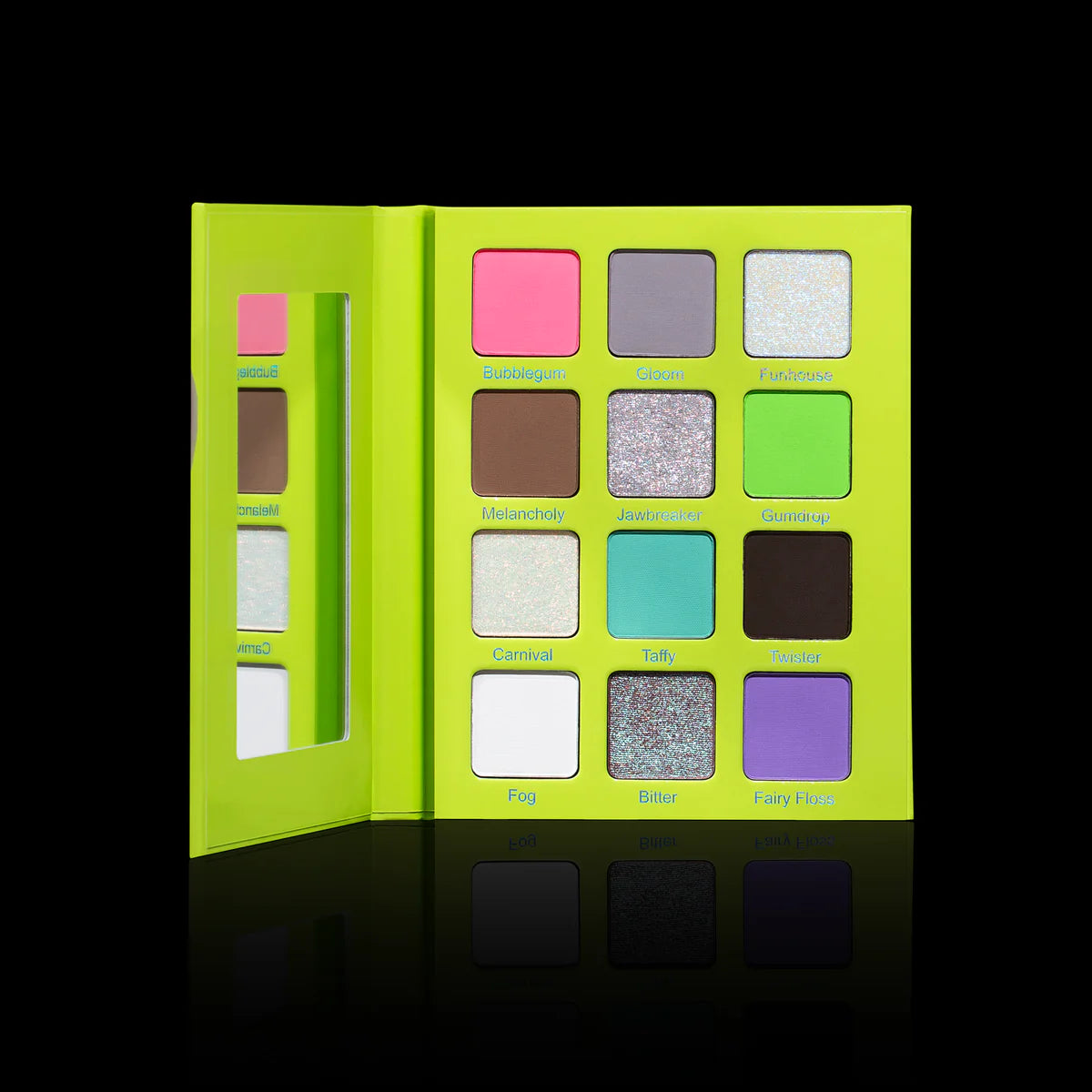 Woeful Whimsy palette by Unearthly Cosmetics - open neon green palette showing all 12 named shades: Bubblegum, Gloom, Funhouse, Melancholy, Jawbreaker, Gumdrop, Carnival, Taffy, Twister, Fog, Bitter, Fairy Floss