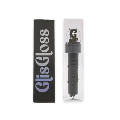 Veil Glis Gloss tube: dark grey lip gloss visible through the clear chamber, paired with a black outer box and purple GlisGloss lettering