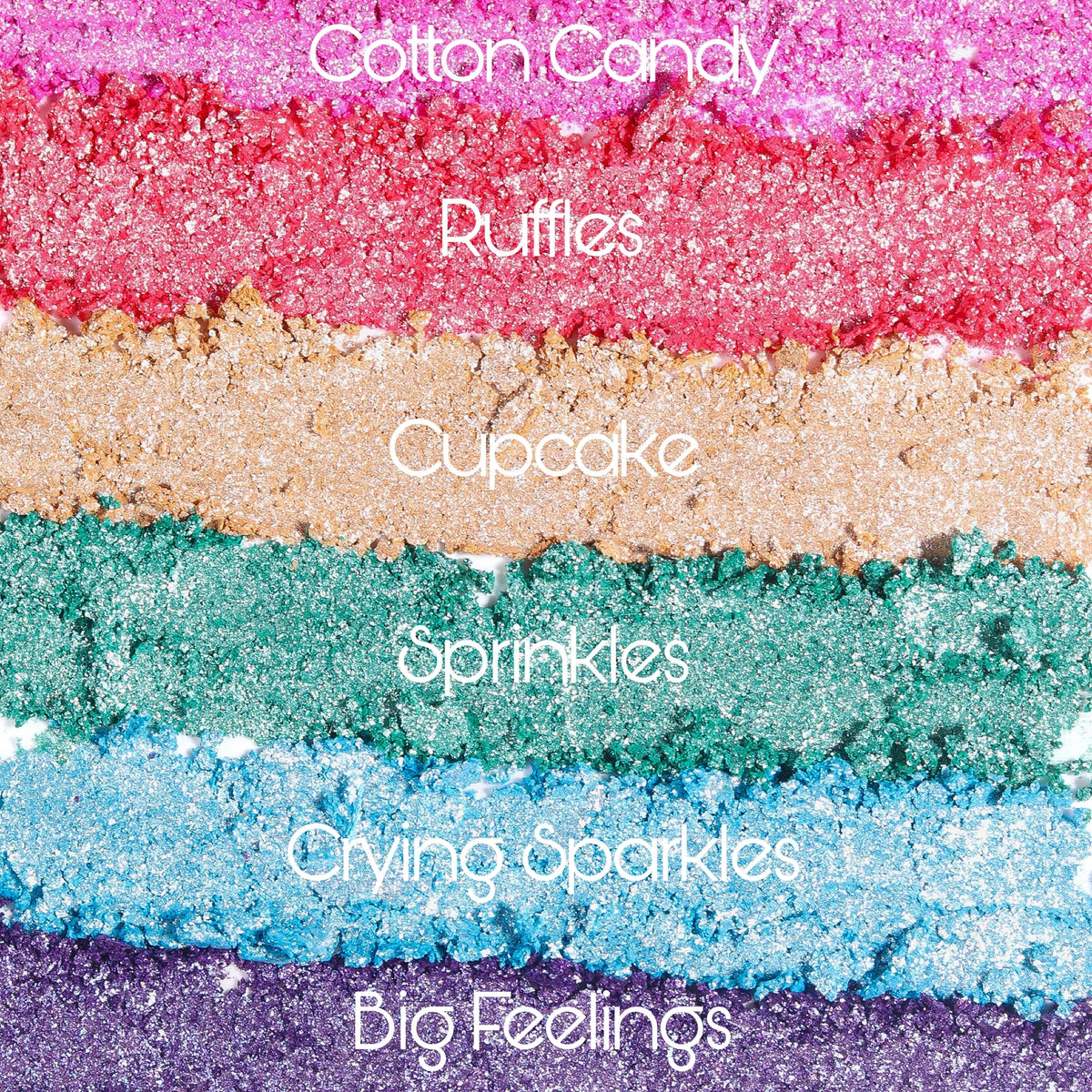 Sickly Sweet shimmers smashed into stripes and labelled: Cotton Candy, Ruffles, Cupcake, Sprinkles, Crying Sparkles, Big Feelings